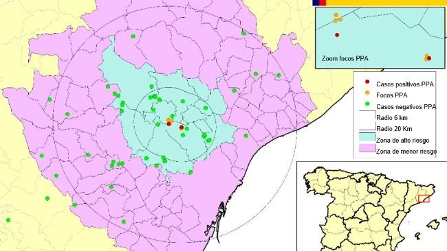 Localización de los 7 focos en jabalíes silvestres y de los jabalíes hallados muertos negativos detectados en Cataluña (Fuente: MAPA).