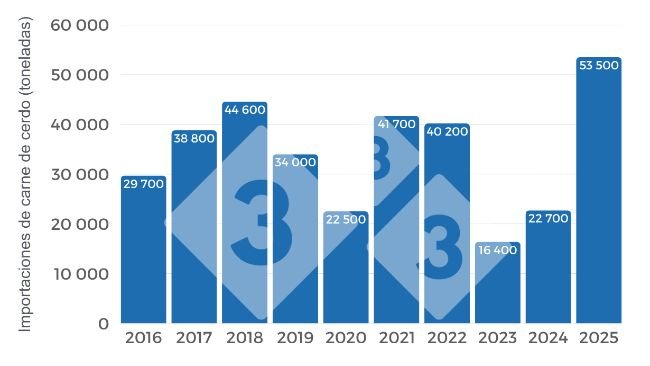Gráfico 3. Evolución anual de toneladas importadas (peso producto) periodo 2016-2025. Elaboración propia con datos de la Secretaría de Agricultura, Ganadería y Pesca (SAGYP).