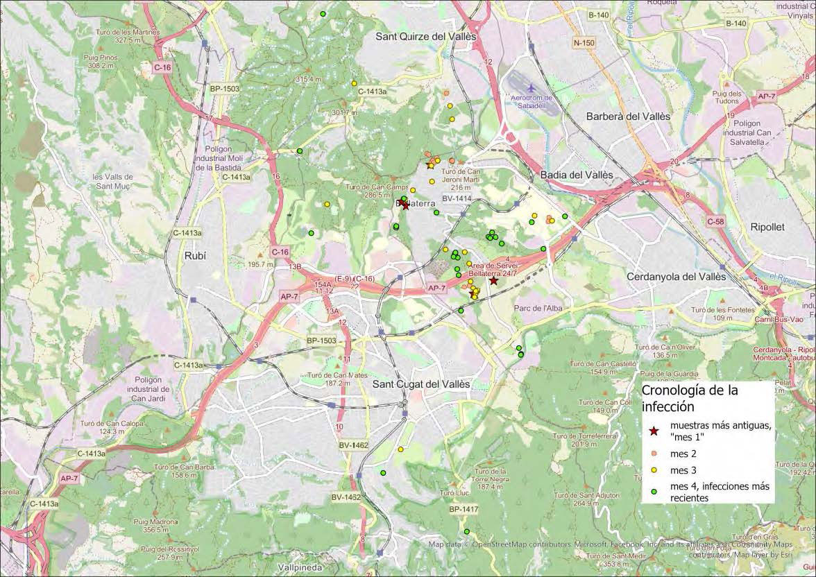 Figura 1. Distribución geográfica y cronológica de los positivos (Fuente: CCPPA a partir de los datos compartidos por el CReSA)