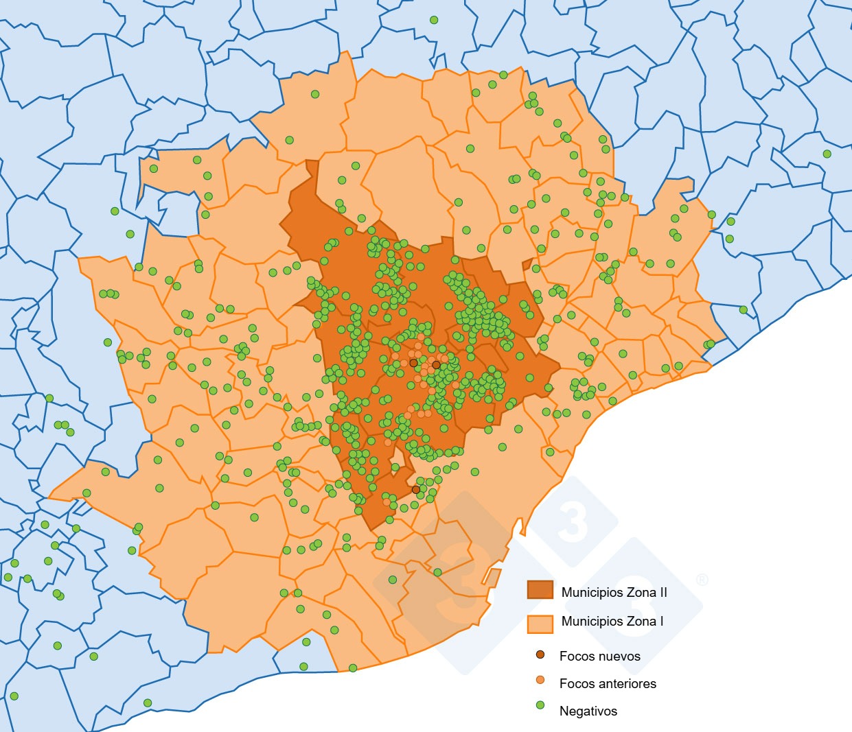 Localización de los 37 focos en jabalíes silvestres y de los jabalíes capturados  o hallados muertos negativos detectados en la zona restringida II (Fuente: MAPA).