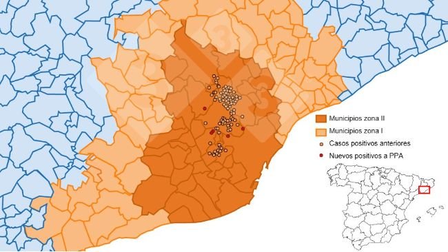 Localización detallada de los 238 casos de jabalíes silvestres dertectados en la zona restringida II.