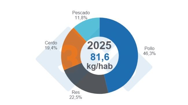 Gráfico 1: Participación del consumo de proteínas animales (res, cerdo, pollo y pescado) en el total de 2025.
Elaboración y cálculos: Departamento de Economía y Sostenibilidad de 333 Latinoamérica con datos de Fenavi, Fedegan, Porkcolombia y Fedeacua.