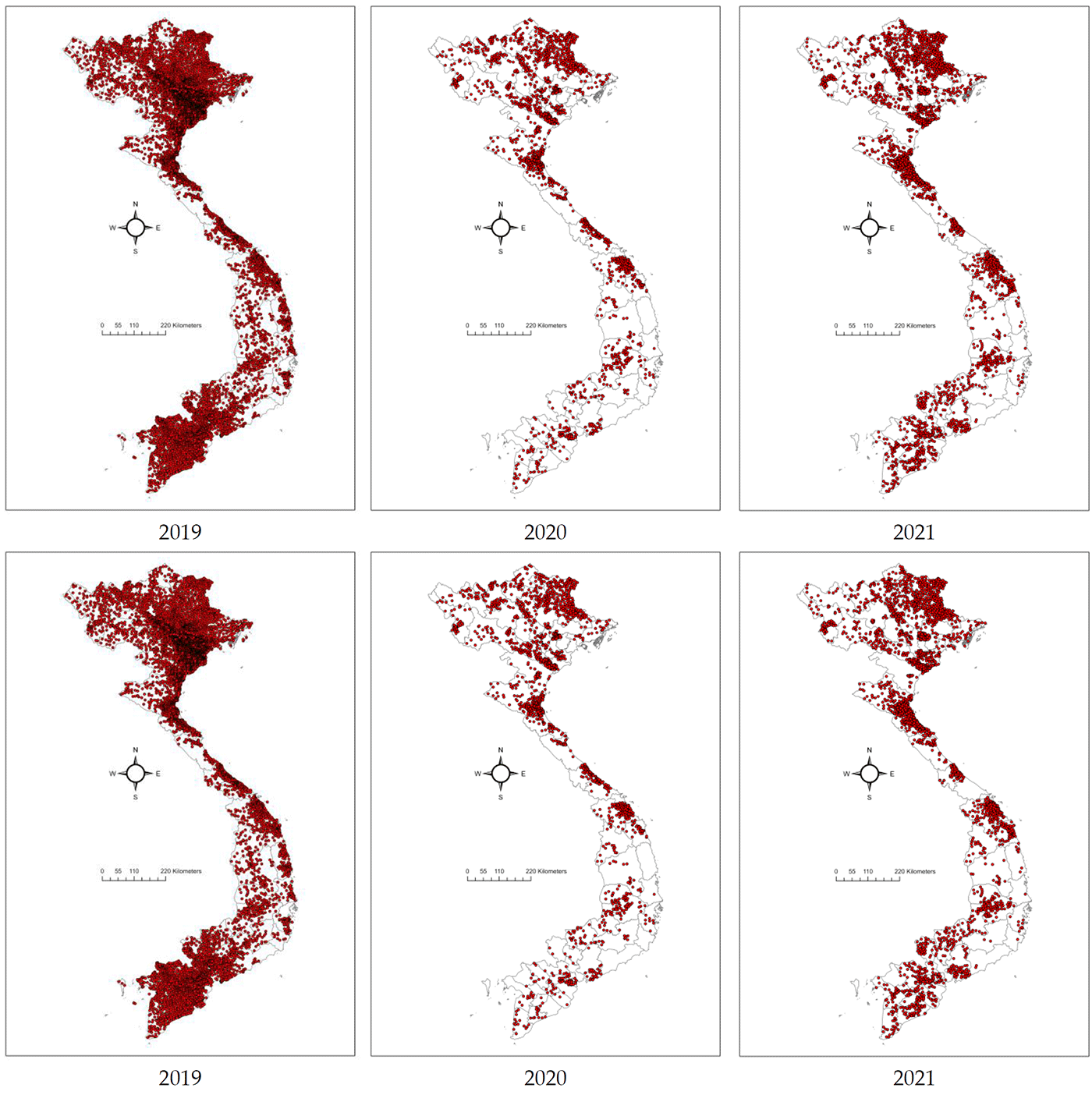 <p>Mapas que muestran la distribución de los brotes de PPA en Vietnam entre 2019 y 2024. Los puntos rojos representan los brotes de PPA a nivel de comuna. Chuong, V et al, 2025</p>