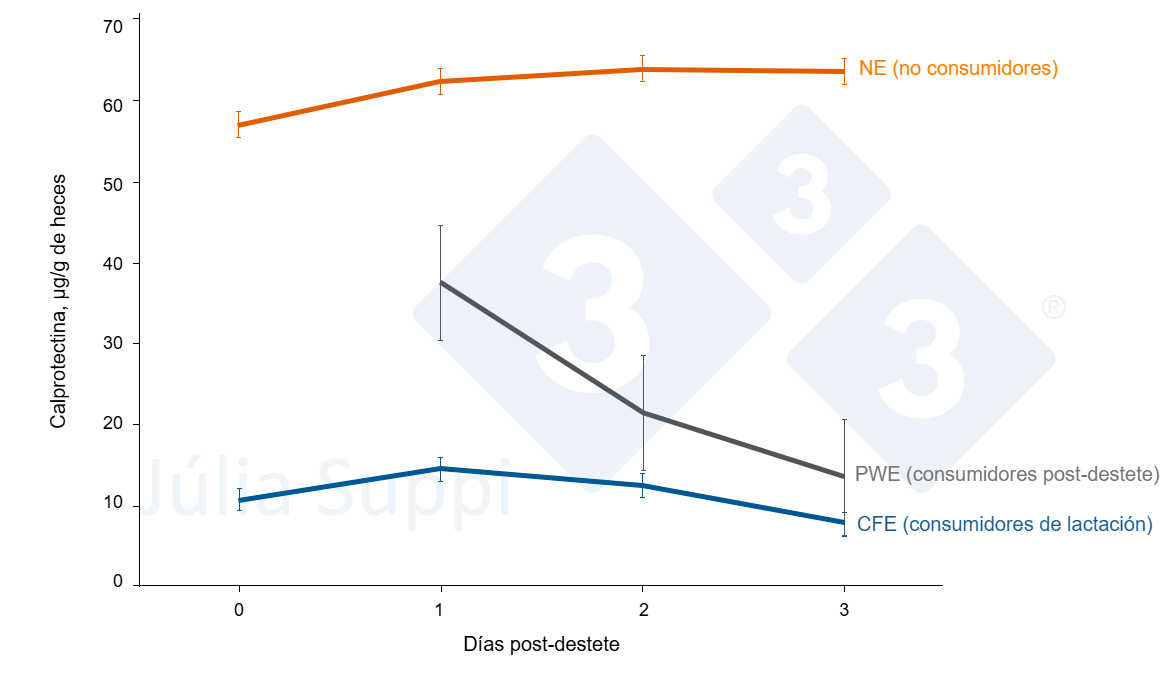 Figura 2. Evolución de la calprotectina fecal en función de las tres categorías de consumo durante los primeros 4 días post-destete.