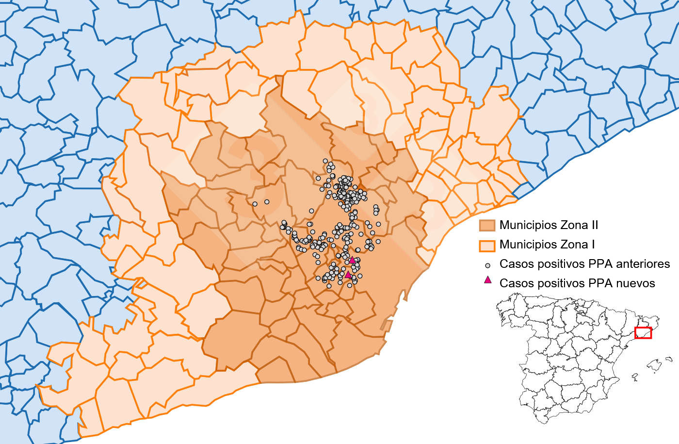 Localización detallada de los casos de PPA en jabalíes silvestres detectados en la zona restringida II (semana 32). Fuente: 333 a partir de datos del MAPA y SVO.