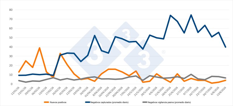 Descripción: Evolución de positivos, capturas y vigilancia pasiva semanal en las zonas I y II. Fuente: 333 a partir de datos del MAPA.
