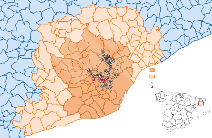 Localizaci&oacute;n detallada de los casos de jabal&iacute;es silvestres detectados en la zona restringida II (Fuente: Departament d&rsquo;Agricultura, Ramaderia, Pesca i Alimentaci&oacute;).
