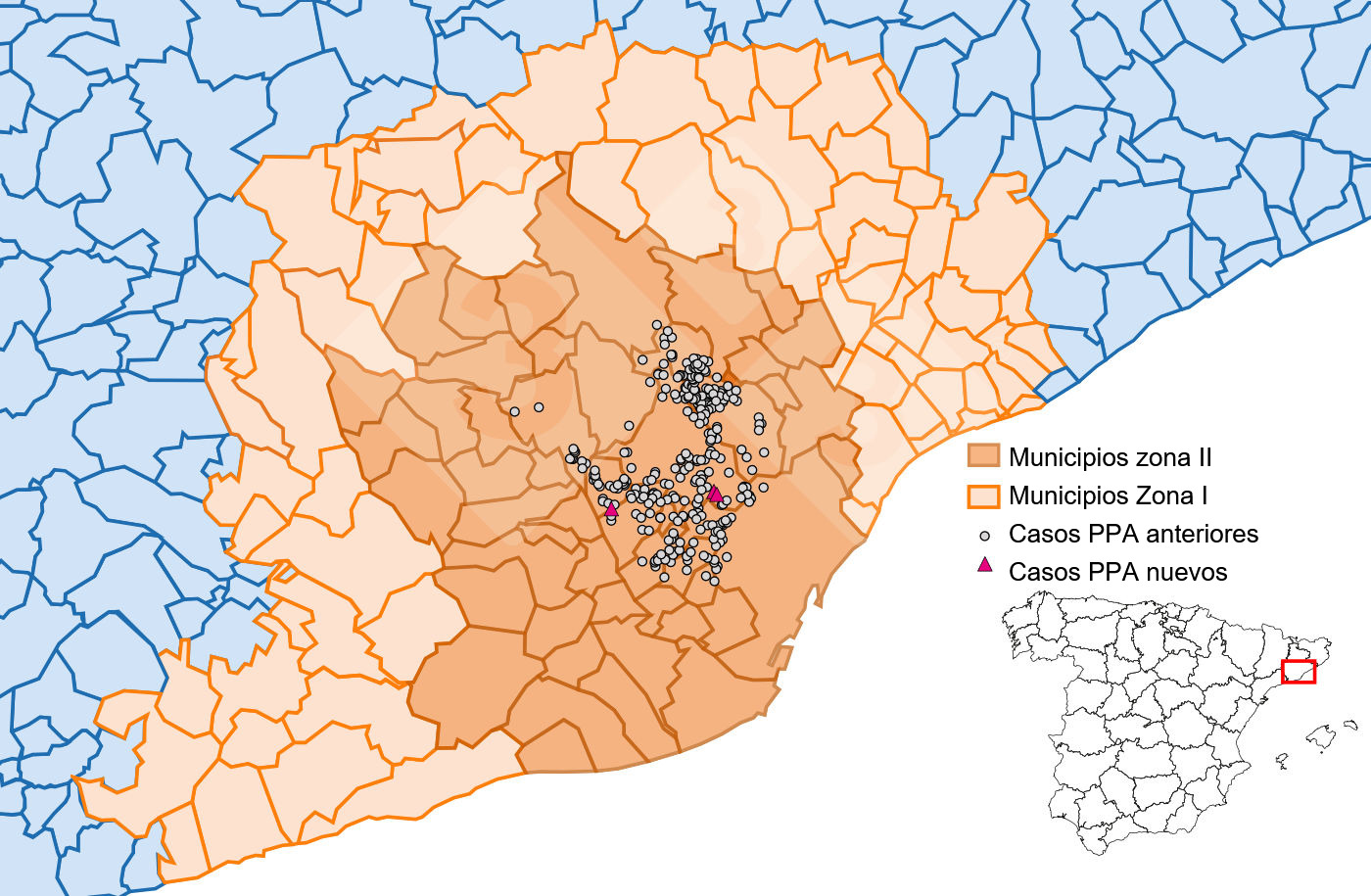 Localización detallada de los casos de jabalíes silvestres detectados en la zona restringida II (Fuente: Departament d’Agricultura, Ramaderia, Pesca i Alimentació).