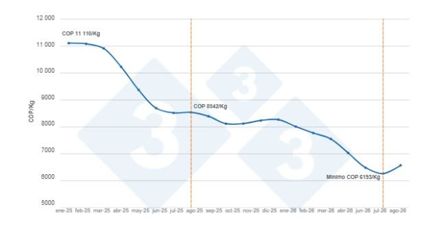 Gráfico 1. Evolución del precio nacional del cerdo en pie en Colombia, enero de 2025 a septiembre de 2026 (COP/kg).
Fuente: Ronda de Precios Histórica de Porkcolombia.
