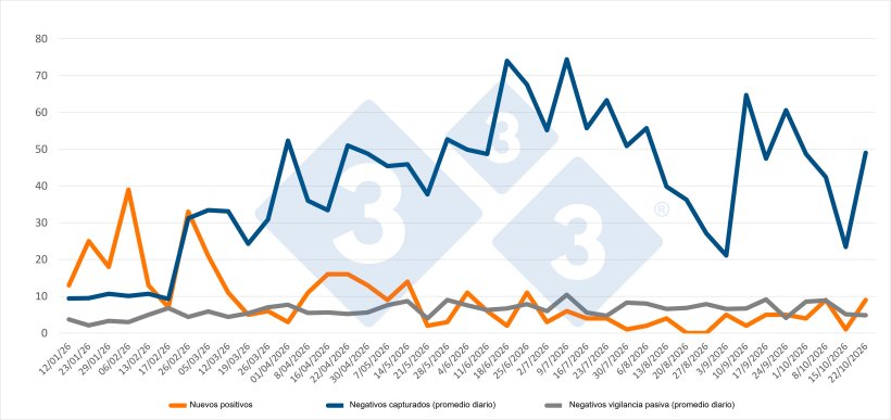 Evolución de positivos, capturas y vigilancia pasiva semanal en las zonas I y II. Fuente: 333 a partir de datos del MAPA.