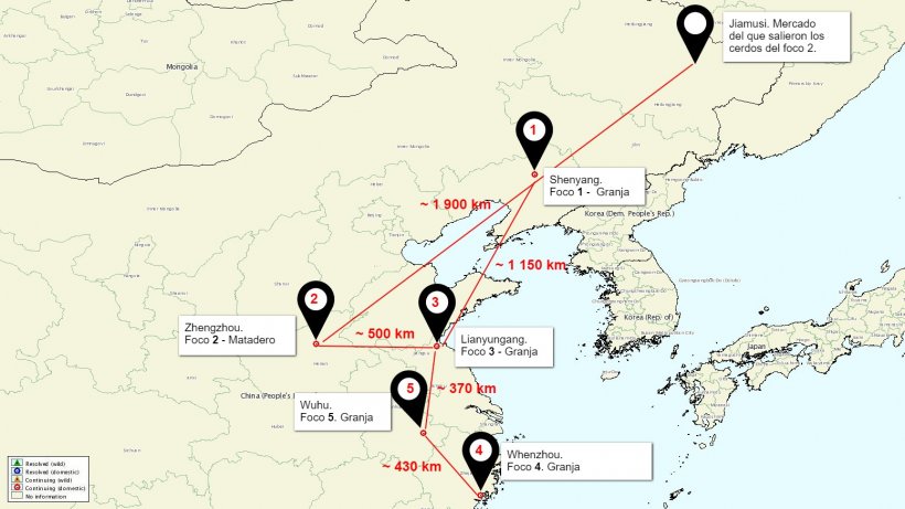 Mapa de situación de los focos de PPA en China