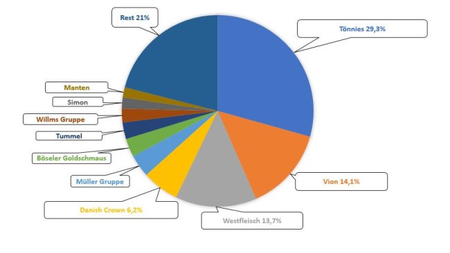 Cuota de mercado de los 10 principales mataderos de cerdos de Alemania en 2018. Fuente: ISN.