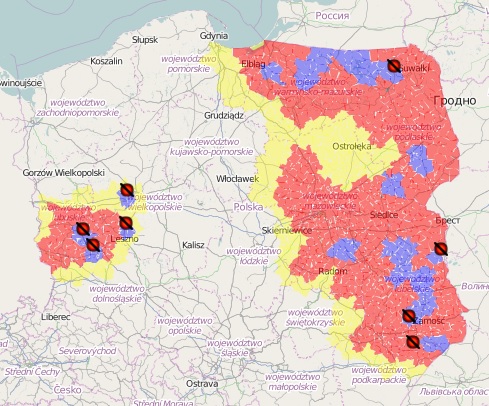 Mapa ASF z ogniskami u świń w 2020r. 