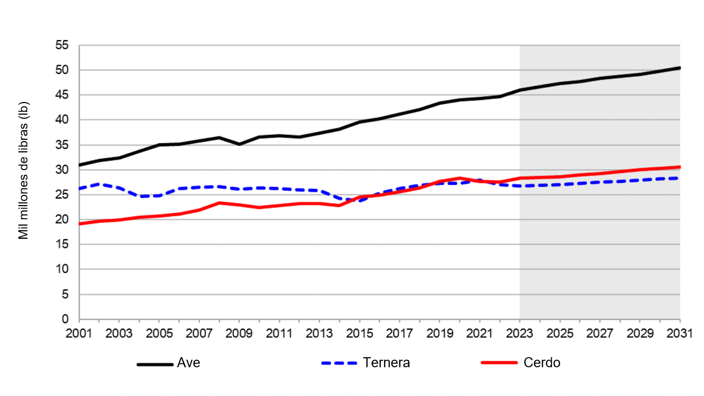 Producción animal en EE.UU desde 2001 hasta su estimación en 2031. 