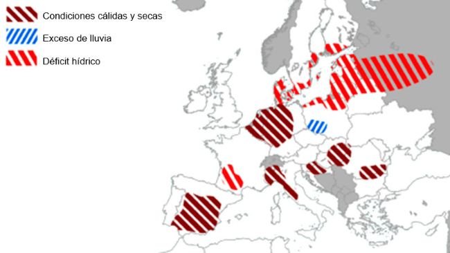 Mapa 1. Eventos climáticos extremos en Europa del 1 de agosto al 16 de septiembre del 2022 (fuente: MARS Butlletin 19/09/2022)