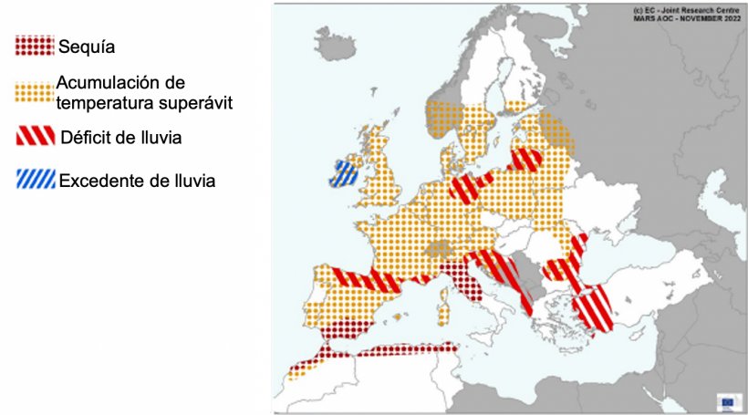 Mapa 1. Eventos clim&aacute;ticos extremos en Europa del 1 de octubre al 18 de noviembre del 2022. Fuente: MARS Butlletin 21/11/2022.
