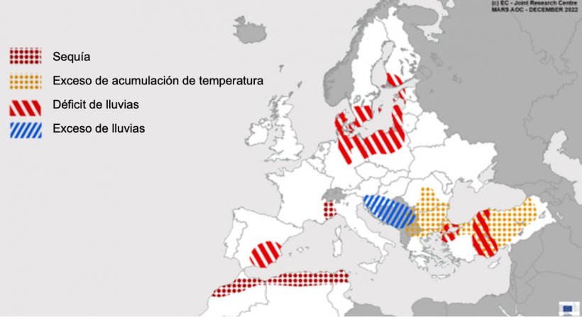 Mapa 1. Eventos climáticos extremos en Europa del 1 de noviembre al 15 de diciembre del 2022 (fuente: MARS Butlletin 19/12/2022)