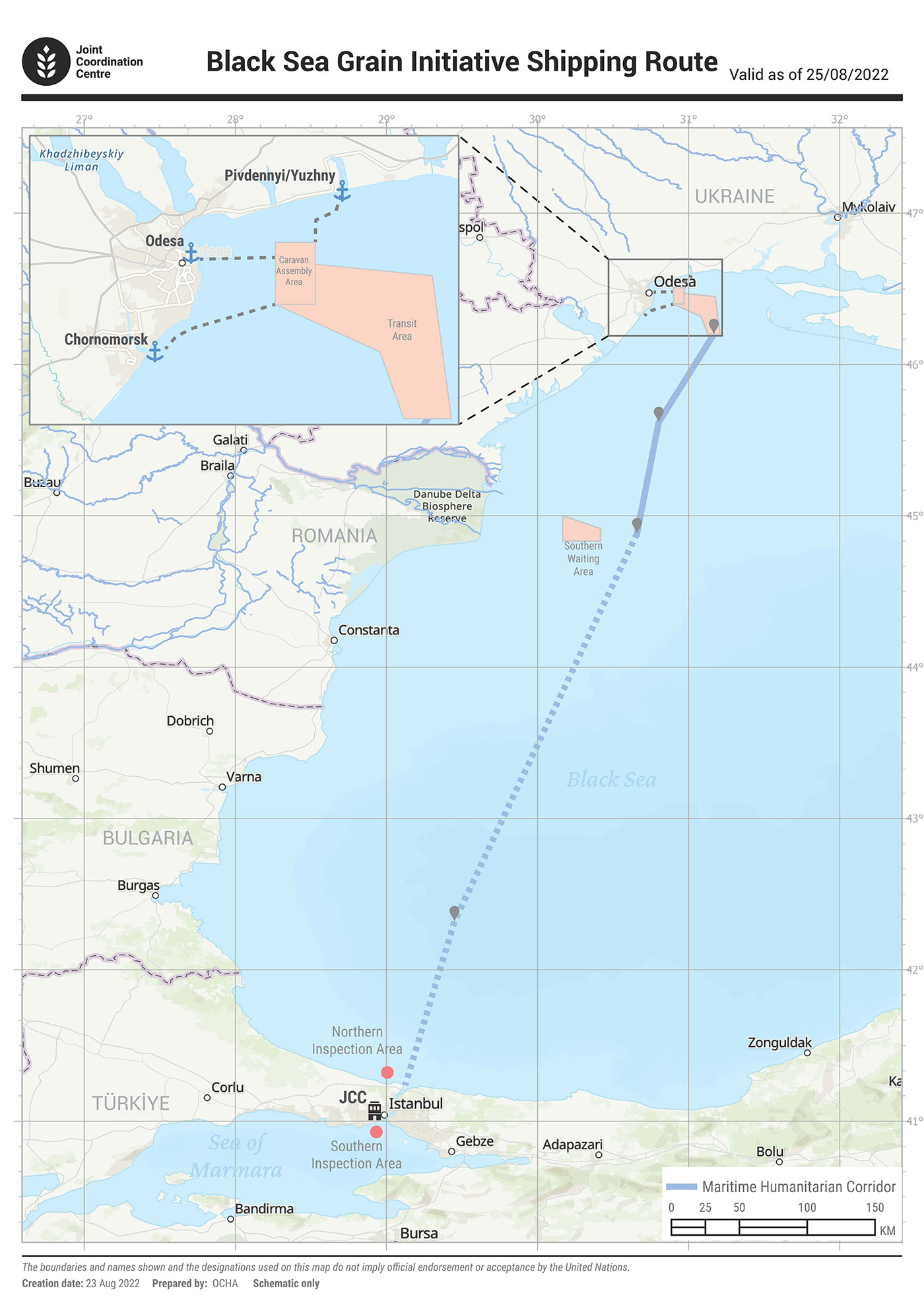 Mapa del corredor de granos del Mar Negro. Centro de Coordinación Conjunta de la Iniciativa de Granos del Mar Negro de las Naciones Unidas.