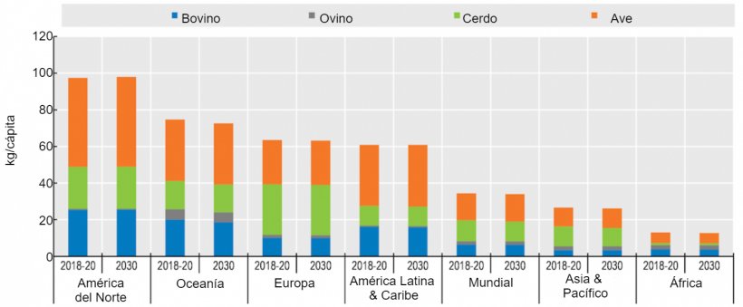 Consumo de carne per c&aacute;pita (expresado en peso al por menor) . Fuente: OECD-FAO (2021).
