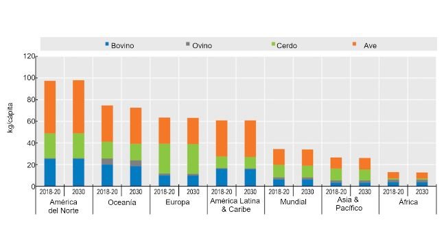 Consumo de carne per cápita (expresado en peso al por menor) . Fuente: OECD-FAO (2021).