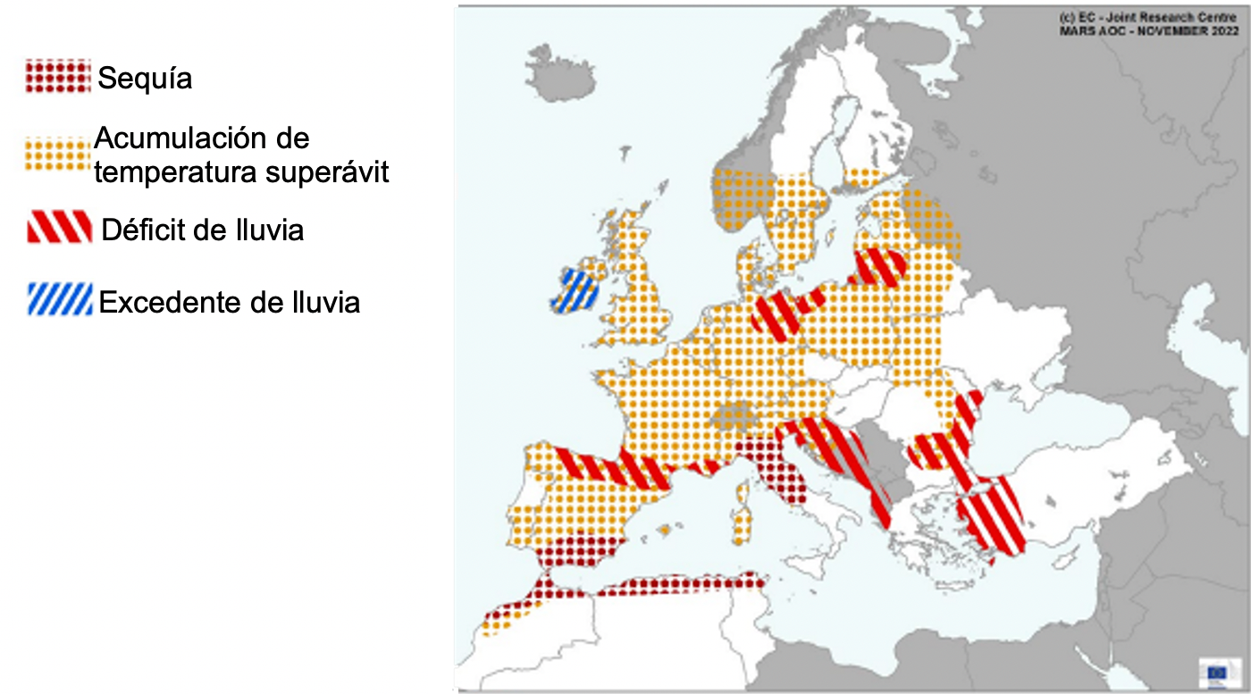 Mapa 1. Eventos clim&aacute;ticos extremos en Europa del 1 de octubre al 18 de noviembre del 2022. Fuente: MARS Butlletin 21/11/2022.
