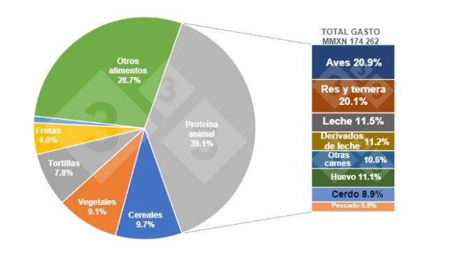 Gráfico 1. Participación de los rubros del gasto de los hogares en alimentos en 2022 y desglose de las proteínas animales. Elaborado por el Departamento de Economía e Inteligencia de Mercados 333 Latinoamérica con datos de Grupo Consultor de Mercados Agrícolas (GCMA) y ENIGH 2022. 