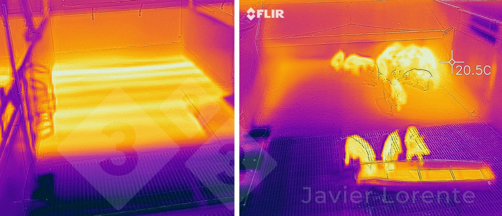 Foto 2. Izquierda: Imagen termográfica de un suelo radiente funcionando correctamente. Derecha: Imagen termográfica de un suelo radiante que funciona mal, con una zona prácticamente inactiva.
