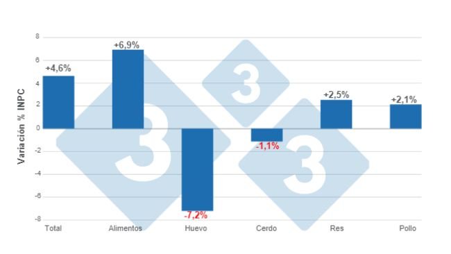 Gráfico 1. Variaciones porcentuales anuales del INPC total, alimentos y principales proteínas de origen animal - agosto de 2023. Elaborado por el Departamento de Economía e Inteligencia de Mercados de 333 Latinoamérica con datos del Servicio de Información Agroalimentaria y Pesquera (SIAP). 
