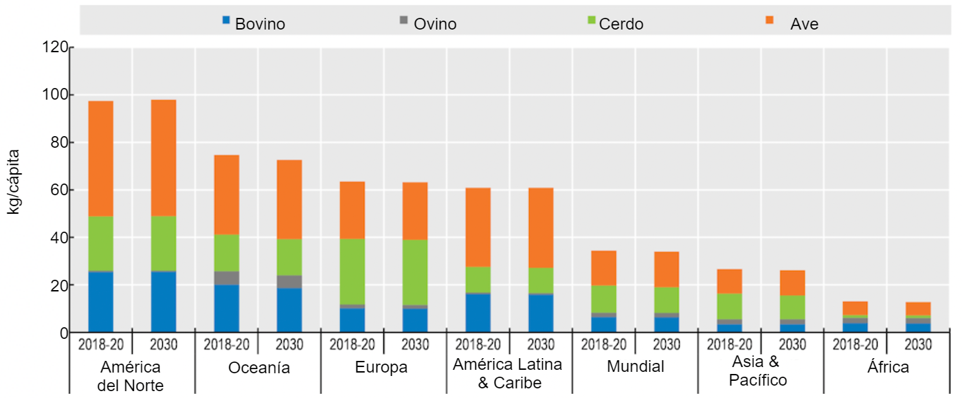 <p>Consumo de carne per c&aacute;pita (expresado en peso al por menor) . Fuente: OECD-FAO (2021).</p>
