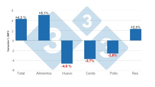 Gráfico 1. Variaciones porcentuales anuales del INPC total, alimentos y principales proteínas de origen animal - octubre de 2023. Elaborado por el Departamento de Economía e Inteligencia de Mercados de 333 Latinoamérica con datos del Servicio de Información Agroalimentaria y Pesquera (SIAP). 