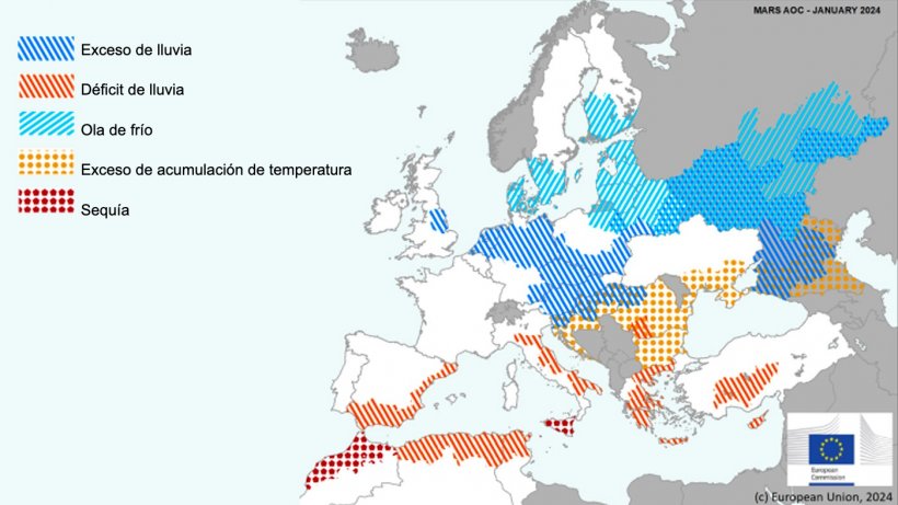 Mapa 1. Eventos clim&aacute;ticos extremos en Europa del 1 de diciembre del 2023 al 14 de enero del 2024 (fuente: MARS Butlletin 22/01/2024).
