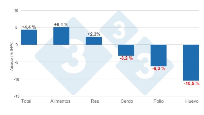 Gráfico 1. Variaciones porcentuales anuales del INPC total, alimentos y principales proteínas de origen animal - febrero de 2024. Elaborado por el Departamento de Economía e Inteligencia de Mercados de 333 Latinoamérica con datos del Servicio de Información Agroalimentaria y Pesquera (SIAP).  