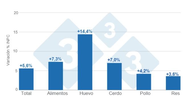 Gráfico 1. Variaciones porcentuales anuales del INPC total, alimentos y principales proteínas de origen animal - julio de 2024. Elaborado por el Departamento de Economía e Inteligencia de Mercados de 333 Latinoamérica con datos del Servicio de Información Agroalimentaria y Pesquera (SIAP).   