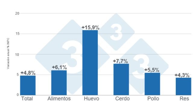 Gráfico 1. Variaciones porcentuales anuales del INPC total, alimentos y principales proteínas de origen animal - octubre de 2024. Elaborado por el Departamento de Economía e Inteligencia de Mercados de 333 Latinoamérica con datos del Servicio de Información Agroalimentaria y Pesquera (SIAP).