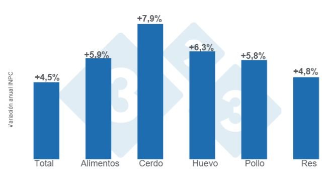 Gráfico 1. Variaciones porcentuales anuales del INPC total, alimentos y principales proteínas de origen animal - noviembre de 2024. Elaborado por el Departamento de Economía e Inteligencia de Mercados de 333 Latinoamérica con datos del Servicio de Información Agroalimentaria y Pesquera (SIAP).
 