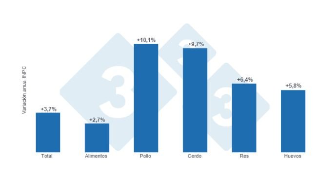 Gráfico 1: Variaciones porcentuales anuales del INPC total, alimentos y principales proteínas de origen animal - primera quincena de enero de 2025.  
Elaborado por el Departamento de Economía y Sostenibilidad de 333 Latinoamérica con datos del Servicio de Información Agroalimentaria y Pesquera (SIAP)