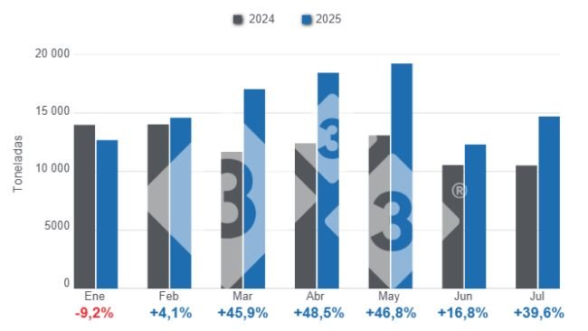 Gráfico 1: Importaciones mensuales de productos y subproductos de cerdo en el período enero - julio de 2025, variaciones anuales. 
Elaborado por el Departamento de Economía y Sostenibilidad de 333 Latinoamérica con datos del DANE