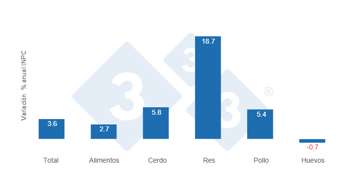 Gráfico 1: Variaciones porcentuales anuales del INPC total, alimentos y principales proteínas de origen animal – Primera quincena de octubre de 2025.
Elaborado por el Departamento de Economía y Sostenibilidad de 333 Latinoamérica con datos del Servicio de Información Agroalimentaria y Pesquera (SIAP).