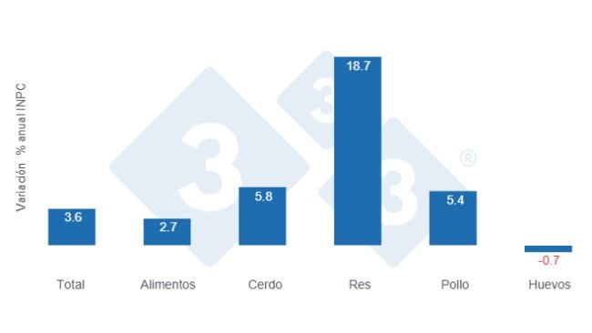 Gráfico 1: Variaciones porcentuales anuales del INPC total, alimentos y principales proteínas de origen animal – Primera quincena de octubre de 2025.
Elaborado por el Departamento de Economía y Sostenibilidad de 333 Latinoamérica con datos del Servicio de Información Agroalimentaria y Pesquera (SIAP).
