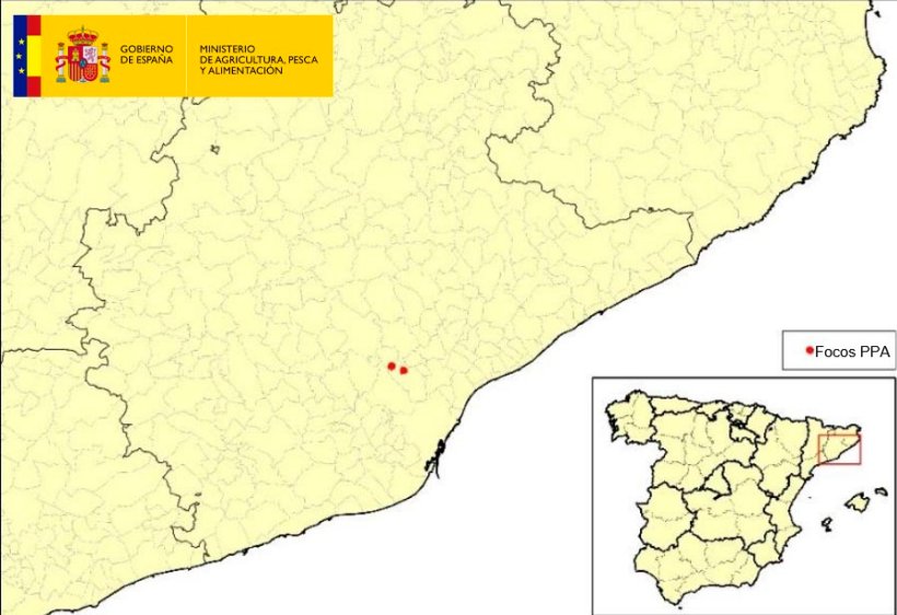 Localización de los 2 focos de PPA en jabalíes silvestres detectados en Cataluña (Fuente: MAPA)