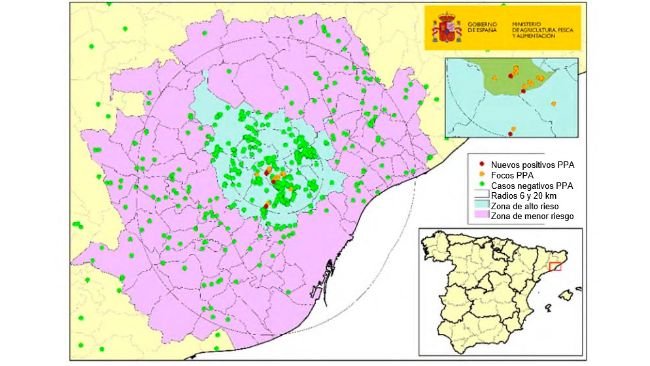 Mapa 1: Localización de los 20 focos en jabalíes silvestres y de los jabalíes capturados o hallados muertos negativos detectados en Cataluña (Fuente: MAPA).