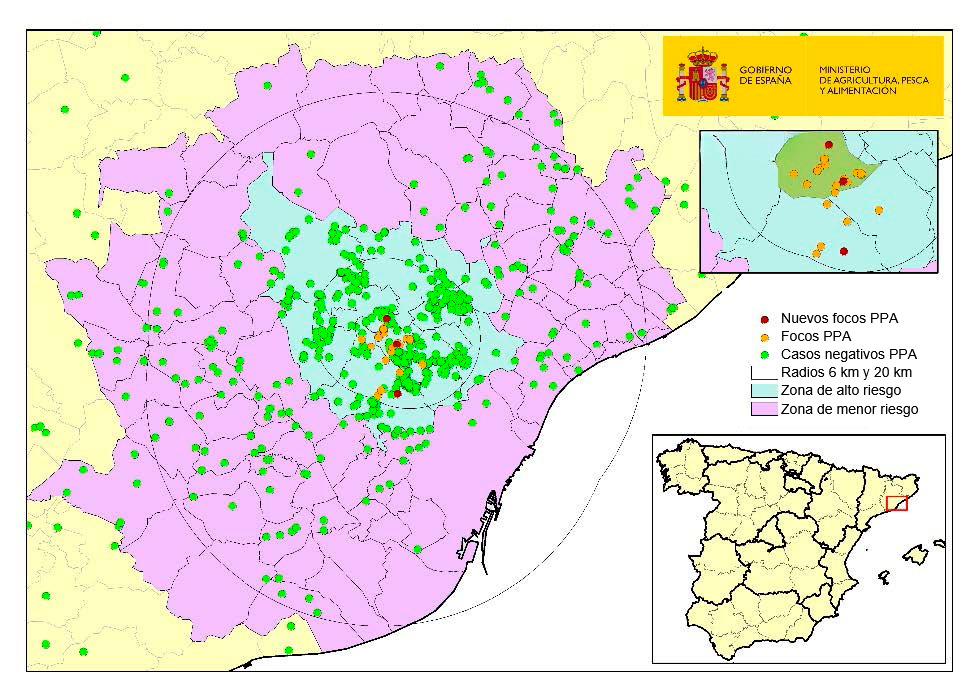Localización de los 26 focos en jabalíes silvestres y de los jabalíes capturados o hallados muertos negativos detectados en Cataluña (Fuente: MAPA)
