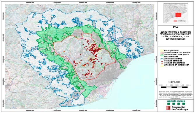 Reducción de poblaciones de jabalíes: localización de la “zona blanca”, zona buffer y zona confinada. Fuente: Cos d’Agents Rurals.Generalitat de Catalunya.