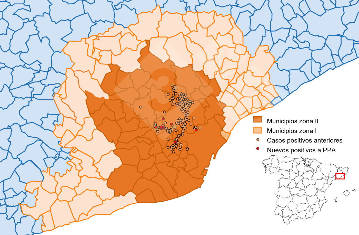Localización detallada de los casos de jabalíes silvestres detectados en la zona restringida II (semana 18). Fuente: 333 a partir de datos del MAPA y SVO.