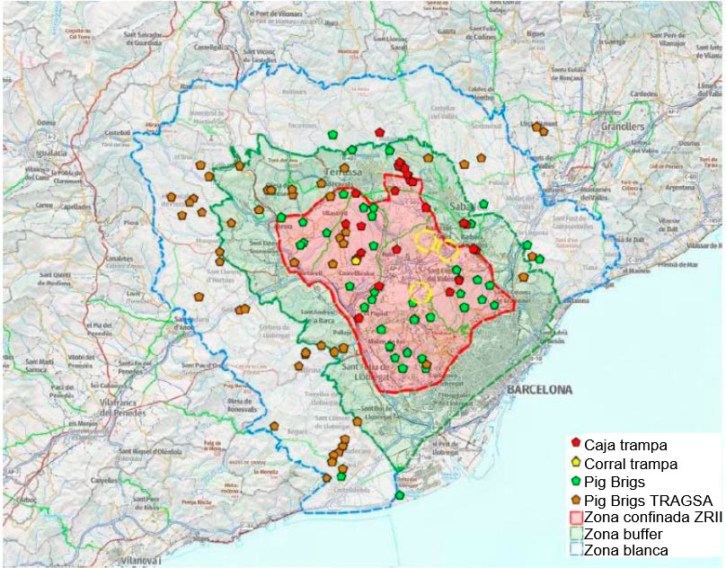 Localización de las cajas trampa, Pig Brigs y corrales de capturas a fecha 28 de julio de 2026 (Fuente: Cos d’Agents Rurals. Generalitat de Catalunya)