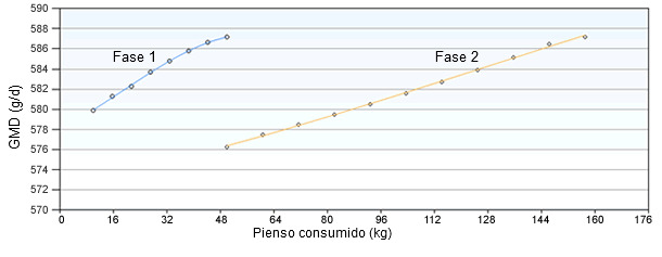 Consumo de pienso de las fases 1 y 2 optimizando por crecimiento