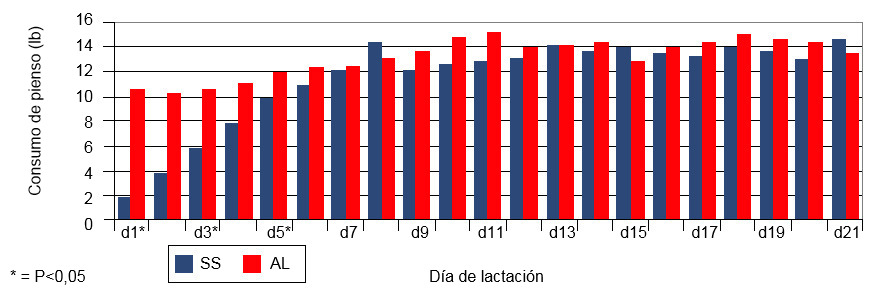 Ingesta diaria de las cerdas durante la lactación con un sistema de alimentación restringido respecto a un sistema ad libitum