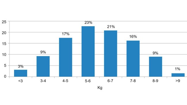 Figura 2. Distribución de los animales según el peso a la entrada al destete. La diferencia entre el 5% de cerdos con menos peso y el 5% con más peso es de 6kg.
