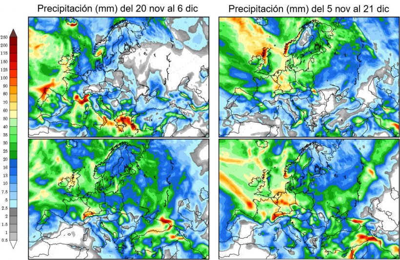 Figura 1. En estos dos mapas podemos ver las anomalías en las precipitaciones durante las últimas semanas de noviembre y el pronóstico de lluvias para diciembre. (Fuente: GrADS/COLA).
