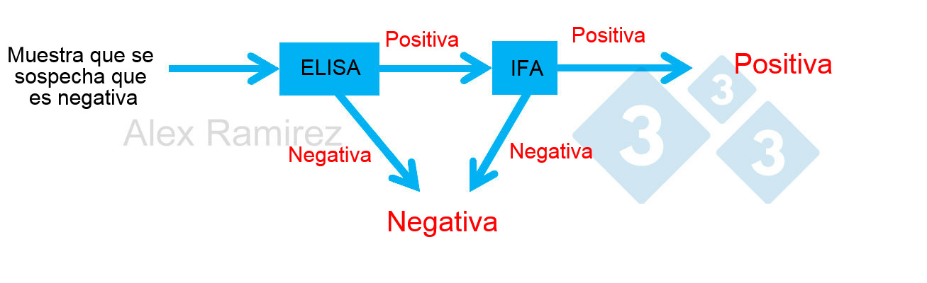 Diagrama que muestra el uso de PRRS IFA como prueba confirmatoria para muestras que salen inesperadamente positivas a PRRS mediante ELISA. Una muestra de la que se sospecha que es negativa y sale negativa a ELISA se considera negativa. Si esta muestra da positiva inesperadamente, se puede realizar una IFA de PRRS como prueba de confirmaci&oacute;n. Si la prueba IFA es positiva, se confirma que la muestra es positiva. Si la prueba de IFA es negativa, asumiremos que fue un falso positivo siempre que la PCR tambi&eacute;n sea negativa para confirmar que no hay infecci&oacute;n reciente.
